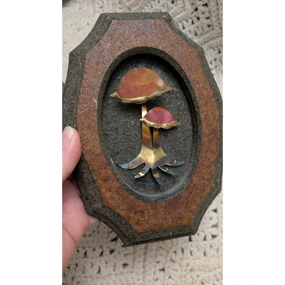 Vintage 70s Mushroom Leaf Metal Wood Wall Art Plaques Set of 2 MCM Boho Decor